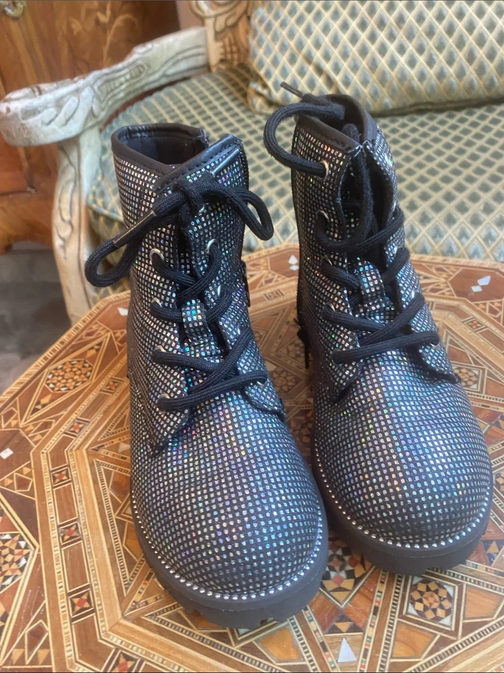 Cynthia Rowley Girls' Black Holographic Dot Lace-Up Boots